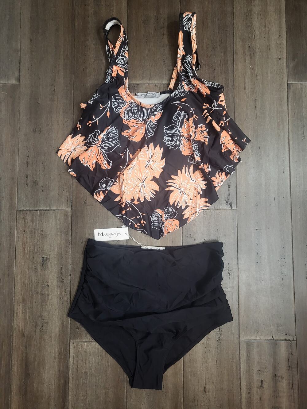 MARINAVIDA Two Piece Swimsuit Ruffled Racerback Top High Waisted Bottom Size Med